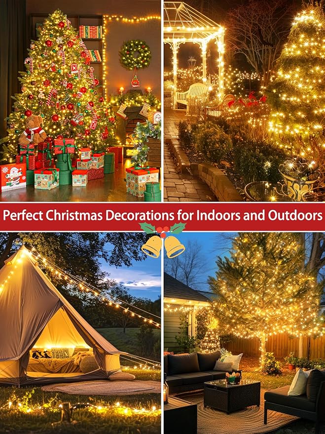 2-Pack 66FT 200 LED Christmas Lights 13 Modes Extendable Christmas Tree Lights with Timer &amp Memory Waterproof Twinkle Fairy Lights Green Wire Outdoor String Lights Indoor for Xmas Tree (Warm Whi