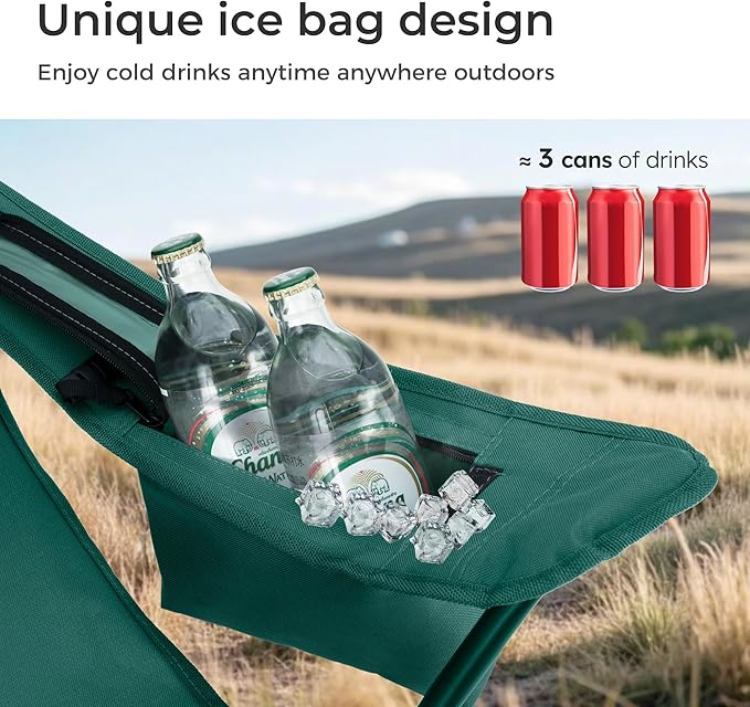 LET'S CAMP Camping Chair 2 Pack Folding Chair with 3-Can Cooler Bag Portable Lawn Chair with Cup HolderStorage Pocket Supports 225LBS Collapsible Chair for Camp Beach Picnic (Green)