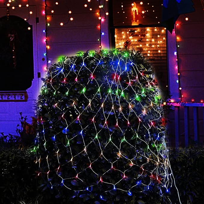 WATERGLIDE Outdoor Christmas Net Lights 12FT x 5FT 360 LED Mesh String Light with 8 Lighting Modes Connectable Light for Garden Tree Bushes Holiday Wedding Party Decorations Multicolor