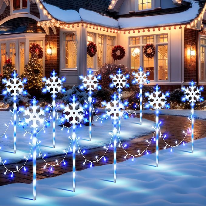 10 Pcs Christmas Snowflake Pathway Stake Lights for Outdoor Yard 370 Bright LEDs Waterproof Large Christmas Snowflake Light Decoration for Garden Lawn Driveway Walkway Decor (Blue White)
