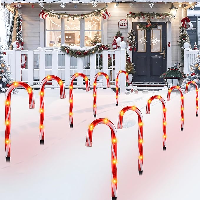 10 Christmas Candy Cane Lights - Set of 10 Pathway Markers Christmas Outdoor Yard Decorations Xmas Candy Cane Stake Lights for Lawn Walkway Garden Xmas Party Indoor Ornaments