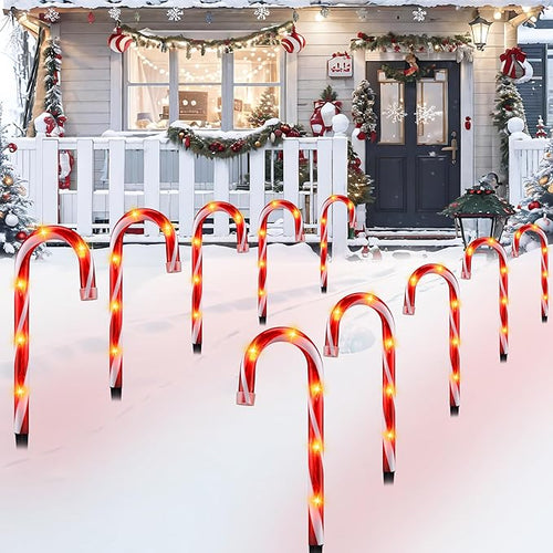 10 Christmas Candy Cane Lights - Set of 10 Pathway Markers Christmas Outdoor Yard Decorations Xmas Candy Cane Stake Lights for Lawn Walkway Garden Xmas Party Indoor Ornaments