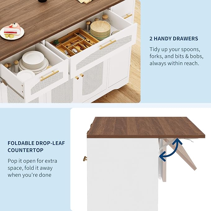 Rolling Kitchen Island Cart with Drop Leaf Storage Cabinets Drawers Tilt-Out Trash Can Spice Rack Narrow Movable Table for Small Spaces 47 on Wheels - Walnut Tabletop + White
