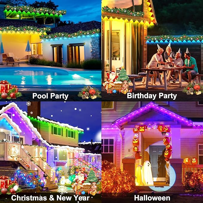 MUCCCUTE Permanent Outdoor Lights for Holidays Easter 200ft RGB House Light w/App &amp Remote Control Smart Rainbow LED IP67 Waterproof for New Year Christmas Roof Eaves Garden Décor All Year Around
