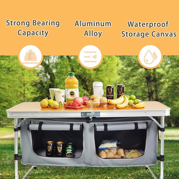 CampLand Outdoor Folding Table Aluminum Lightweight Height Adjustable with Storage Organizer for BBQ Party Camping