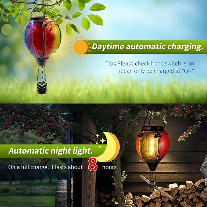Glass Solar Hot Air Balloon Lantern with Flame Hanging Garden Flickering Light Outdoor Waterproof for Yard Patio Tree Mother's Day Gift Colorful