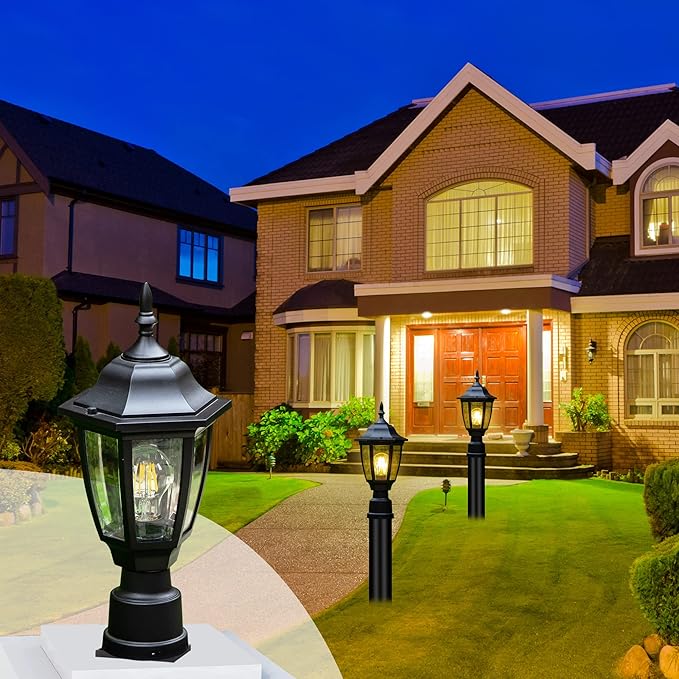 FUDESY Outdoor Post Lights Electric Exterior Lamp Post Light Fixture with Pier Mount Base LED Bulb Included Anti Corrosion Black Plastic Materials Pole Lanterns for Garden Patio Pathway