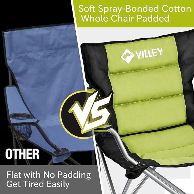 VILLEY Camping Chairs Padded Folding Chair Outdoor Portable High Camp Chair Foldable Outside Arm Chair with Cup Holder &amp Carry Bag Green