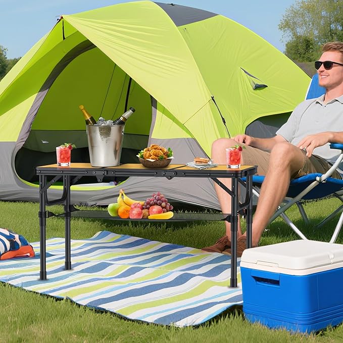 Anbte 3ft Camping Table Foldable with Storage Net and Bag 3 Adjustable Heights High 27.5 Aluminum Camping Table Portable for Outdoor Indoor Backyard BBQ Cooking Party Picnic Beach Light Oak Grain