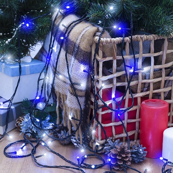 Blue and White Christmas Lights Outdoor 100FT 300 LED Christmas Tree Lights with 8 Modes Waterproof Connectable Green Wire String Twinkle Lights for Indoor Patio Garden Xmas Party Decorations