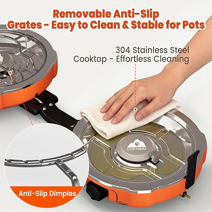 20000 BTUs 2 Burner Propane Camping Stove Portable Folding Camp Stove with Adjustable Burners Regulator and Carrying Bag Dual Gas Stoves Easy Carrying Handle for Tailgating Camping BBQ
