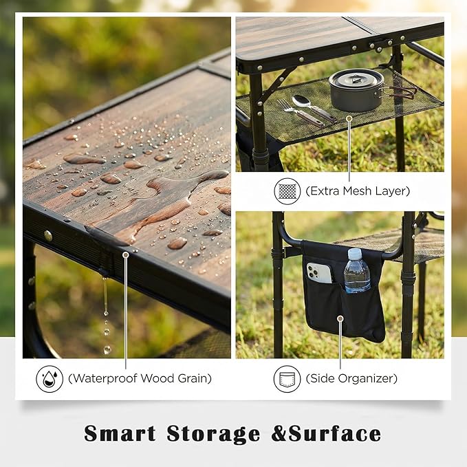 Small Folding Camping Table 2ft Portable Picnic Table Aluminum 24 x 16 Folding Table 3 Adjustable Heights Portable Lightweight Table Dining Table for RV Picnic Beach (Wood Grain)