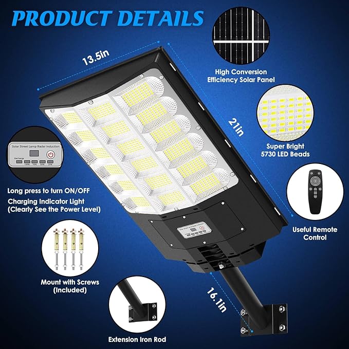 Solar Street Lights Outdoor 5000W 500000LM Waterproof Motion Sensor Solar Powered Flood Lights with Remote Control 8500K Dusk to Dawn Commercial Area Lighting for Outside Parking Lot 2-Pack
