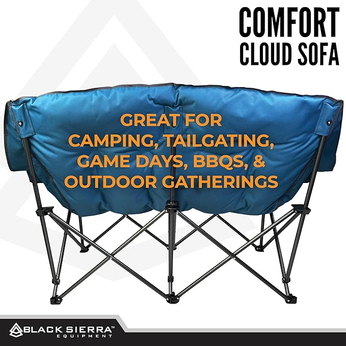Black Sierra Double Camping Chair for Adults Oversized Folding Loveseat Supports 600 lbs Plush Padded Outdoor Couch with Cup Holders and Carry Bag for Beach Patio RV or Tailgating Events