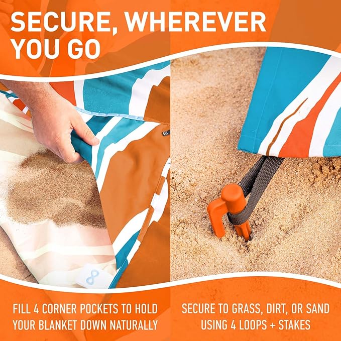 Everlasting Comfort Large Beach Blanket Waterproof &amp Sandproof - 80 x 80/ 6.7ft x 6.7ft - Lightweight Picnic Mat Camping Necessities for 4 People - Accessories for Outdoor Festivals - Orange