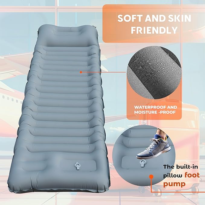 Skywin Inflatable Sleeping Pads for Camping &amp Airport Travels 77 x 26 x 5 Inches Air Mattress Sleeping Bag Inflatable with 8 HeadRest Along with Pillow-Like HeadRest Camping Essentials (Grey)