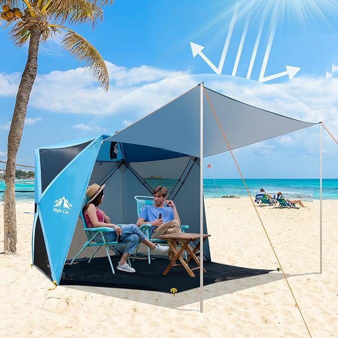 Night Cat Pop-up Beach Tent: 3 4 Persons Beach Shelter with Canopy and Footprint UPF 50+ UV Protection Backyard Camping Outdoor Canopy Poles Not Included