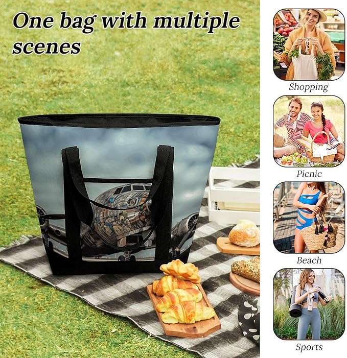 Insulated Shopping BagLarge Reusable Cooler Bags Airplane Art Printed Foldable Shopping BagTravel Waterproof Shoulder Bag