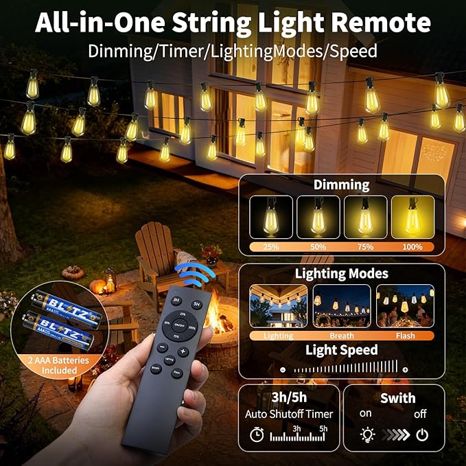 Solar Lights Outdoor Waterproof: ST38 82FT 25M Shatterproof Bulbs Patio Lights - Solar Powered &amp USB Charging- Remote Control 3 Light Modes Dimmable Solar Light - Camping Backyard Garden