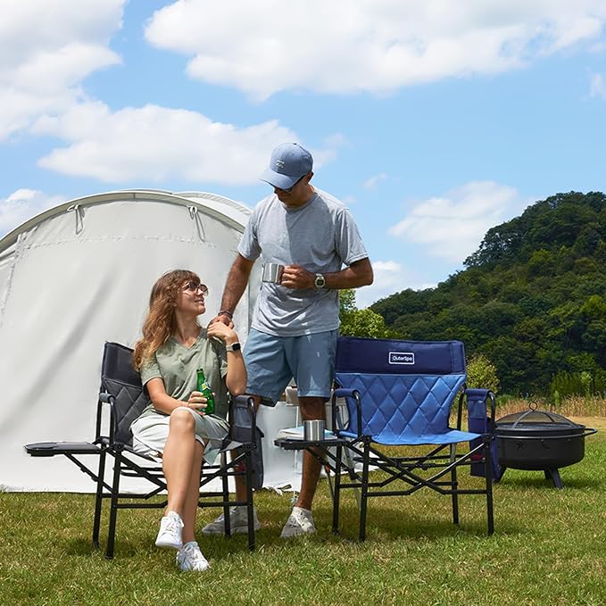Camping Folding Chairs for Outside Foldable Camp Chairs for Adults Heavy Duty Oversized Directors Camping Chair with Table for Picnic Lawn Large Comfy Camping Chair 350 LBS Capacity Blue