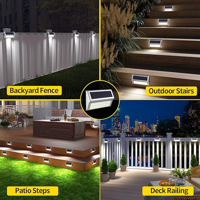 ROSHWEY Solar Lights Outdoor 10 Pack 30 LED Fence Lights Waterproof Solar Powered Deck Post Lamps Stainless Steel Outside Step Lighting for Backyard Yard Walkway Stairs Cool White Light