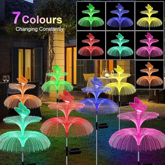 4 Pack Solar Garden Lights Gardening Birthday Gifts for Mom Grandma Women Waterproof 7 Color Changing Jellyfish Light with Butterfly Solar Flower Lights for Outdoor Pool Yard Garden Decor