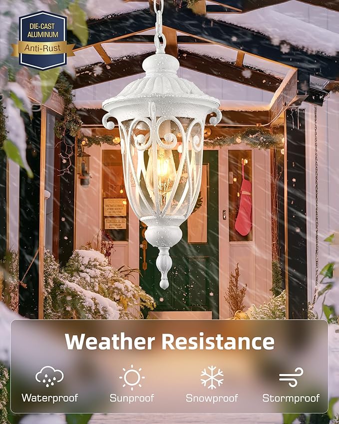 VIANIS Large Outdoor Pendant Light Lantern White Modern Outdoor Chandelier Handcrafted Hanging Outdoor Lights with Seed Glass Outdoor Ceiling Lights for Porch House Doorway Garden Entryway