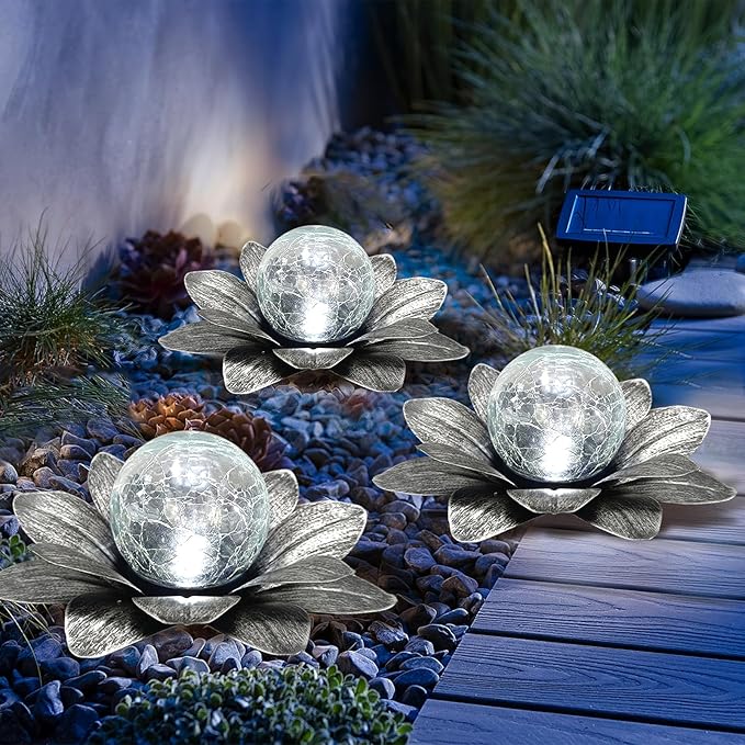 LEWIS&ampWAYNE Solar Garden Lights Outdoor 3 Pcs Silver Gray Lotus Flower Pathway Lamps with Cool White Crackle Glass Globe Led Lights for Patio Pathway Yard Balcony Garden Decorations