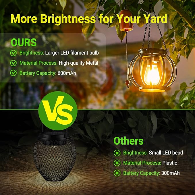 KOOPER Solar Lanterns Outdoor Waterproof Upgraded Metal Hanging Solar Lights Outdoor Lanterns Brighter Auto On/Off Outdoor Hanging Lantern for Yard Patio Pathway Porch Garden Decor 2 Pack