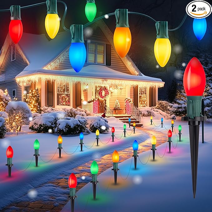 Brightown Frosted C9 LED Christmas Lights Outdoor 2 Packs Total 64Ft Pathway Lights with 50 LED Bulbs and Stakes Multicolor Christmas Decorations for Outside Driveway Walkway Sidewalk