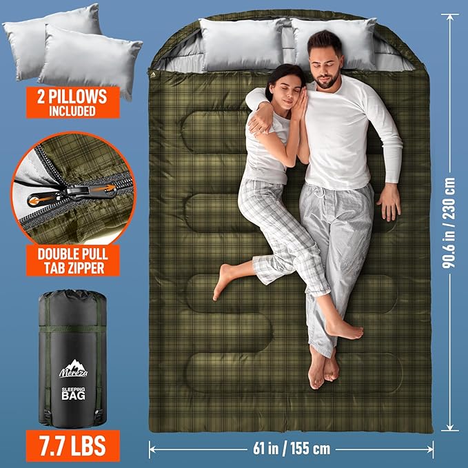 MEREZA Double Sleeping Bag for Adults Mens with Pillow XL Queen Size Two Person Sleeping Bag for All Season Camping Hiking Backpacking 2 Person Sleeping Bags for Cold Weather &amp Warm