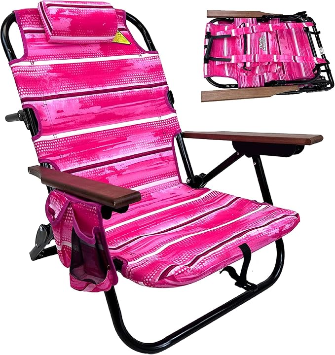EasyGo Product Backpack Beach Chair 5 Positions and Cup Holder Pouch on Side Padded Pillow Storage Bag on Back Lightweight Rustproof Aluminum Black Frame - 1 Pack Pink