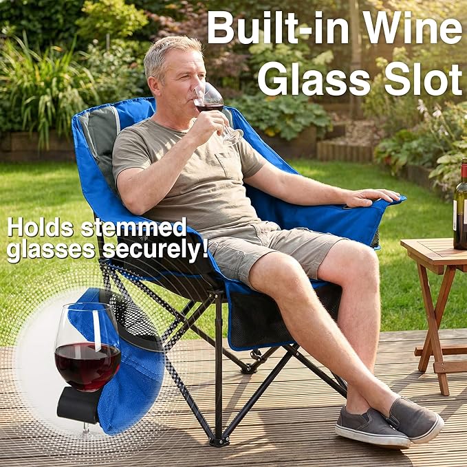Oversized Camping Chair for Adults - Heavy Duty 400 lbs Padded Folding Chair with Wine Glass Holder 2 Cup Holders &amp Side Pockets Portable Carry Bag for RV Tailgating Lawn