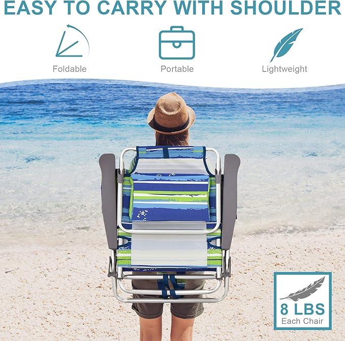 COSTWAY Backpack Beach Chairs Set 3-Piece Portable Camping Chairs with Cup Holder Ice Bag 5-Position Outdoor Reclining Chairs for Adults Travel Sunbathing Support 300 LBSBlue &amp Green