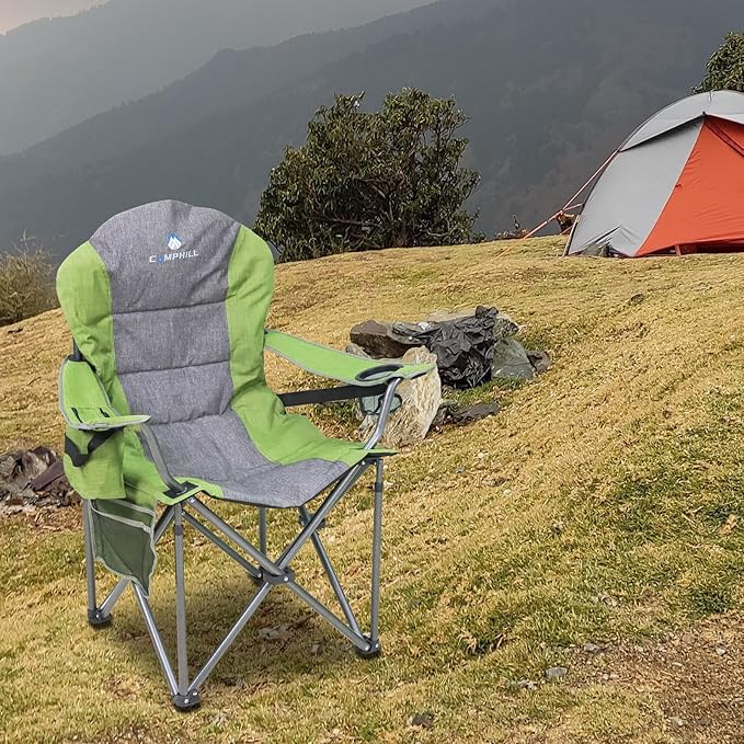 Northroad Oversized Portable Camping Chair Full Padded Outdoor Folding Chair Support 350 LBS Heavy Duty Lawn Chair with Cup Holder Cooler Bag Lumbar Support Head Pocket for Adult (Green)