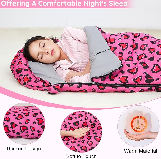 FIOBEE Kids Sleeping Bag for Girls Boys 3 Season Warm &amp Cool Weather Youth Camping Sleeping Bags with Backpacking Bag Waterproof for Traveling Hiking Indoor Outdoor Camping Essentials
