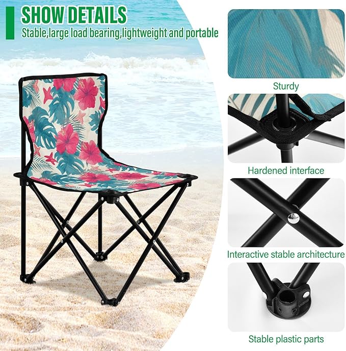KLL Tropical Leaves Red Hibiscus Flowers Starfish Hawaiian Packable Beach Chairs Ultra-Lightweight Compact Folding Chair with Carrying Bag Outdoor Chairs for Outdoor Ice Fishing