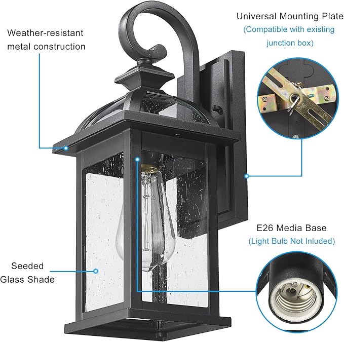 Darkaway Outdoor Lights Fixtures Wall Mount Outdoor Wall Sconce with Seeded Glass Waterproof Outside Exterior Lighting Fixture for House Front Porch Patio (1 Pack)