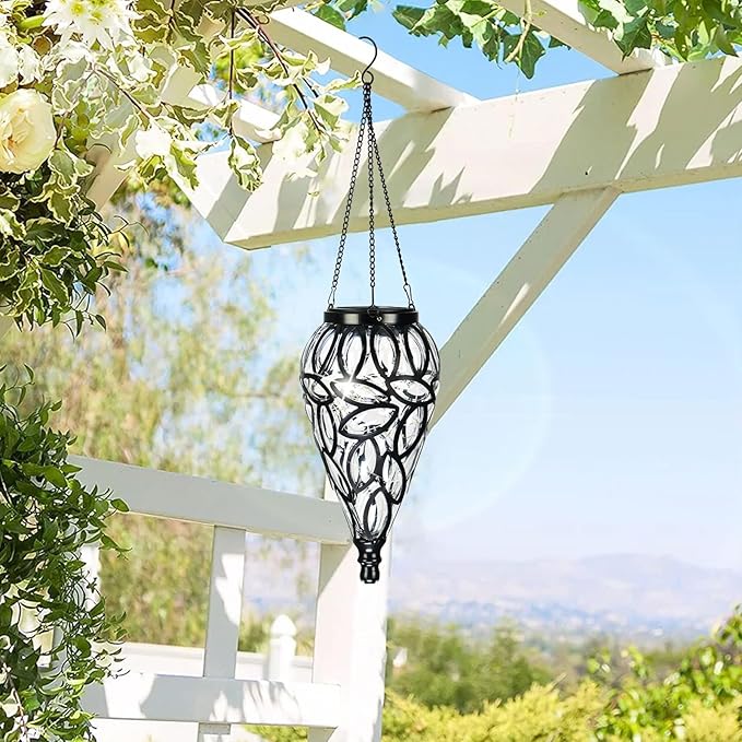 LEWIS&ampWAYNE Solar Hanging Lantern Outdoor Lights Tear-Shaped 15 LEDs Cool White Hanging Lights with S Hooks Decor in Garden Yard Pathway Front Door and Landscape