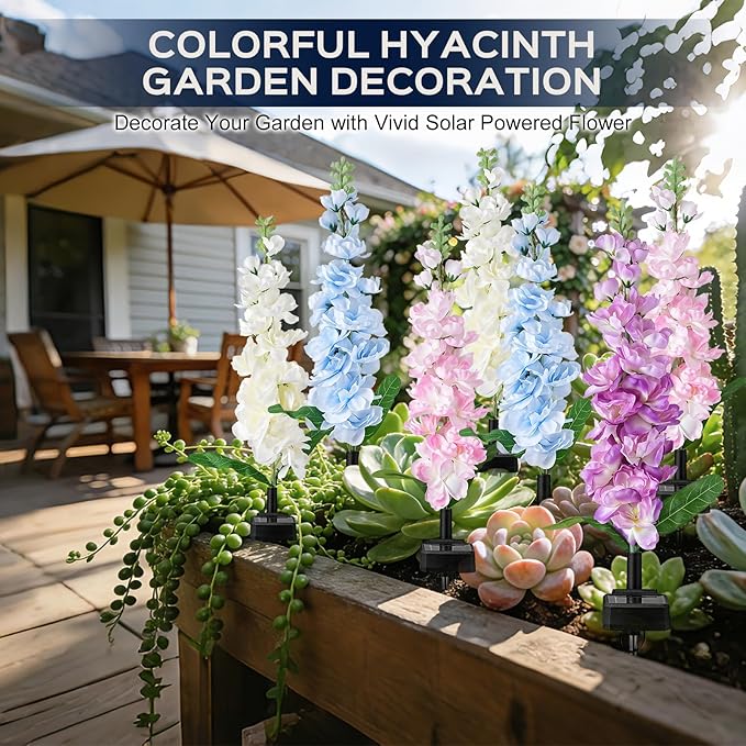 4 Pack Solar Garden Lights Outdoor LED Colorful Waterproof Solar Powered Hyacinth Flowers Landscape Lights for Patio Outside Yard Pathway Decorative Décor Gifts Two Lighting Modes