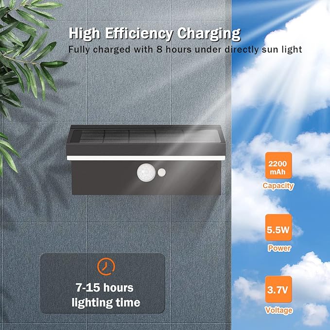 Solar Outdoor Wall Lights 2 PackMotion Sensor Waterproof Dusk to Dawn Solar Porch Wall Mount Lamp Black Modern Exterior Light Fixture 3000K 5W for Garage House Patio