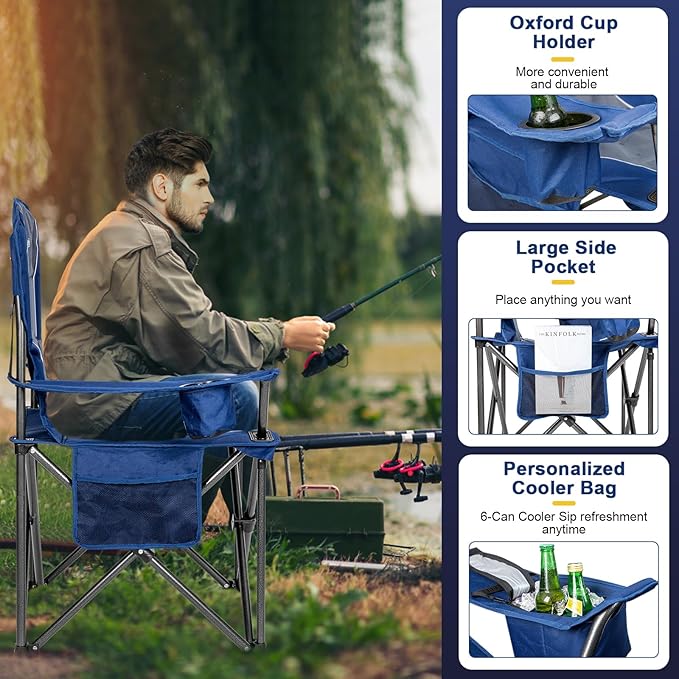 Romswi 2 Pack Oversized Camping Chairs for Adults 500LBS Heavy Duty Steel Folding Chair with Adjustable Elastic Armrests 38.5 Wide 600D Oxford Fabric 6-Can Cooler &amp Side Pockets for Outdoor Bl