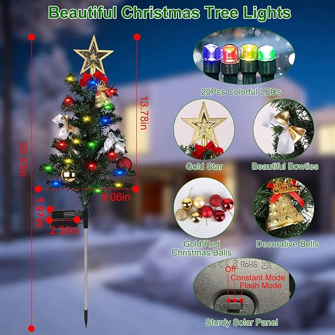 4 Pack Solar Christmas Decorations Tree Lights Upgraded Outdoor Solar Stake Decorative Lights Xmas Tree W/20 LED-RGB Lights IP65 Waterproof Dual Lighting Modesfor Garden Pathway Lawn Patio