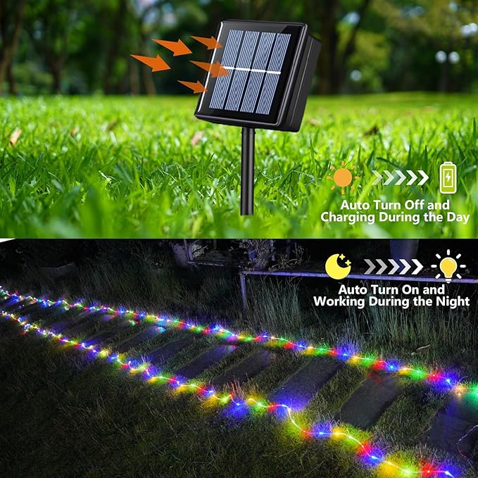YEGUO Solar Christmas Light Outdoor Waterproof 66ft 200 LED Multicolor Rope Lights 8 Modes Tube String Lights in Clear Thin Tube