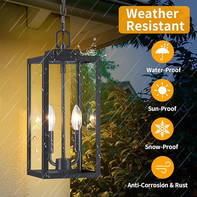 15'' Large Outdoor Pendant Light 2-Light Modern Black Metal Outside Chandelier Exterior Hanging Fixture Ceiling Mount with Clear Glass for Front Porch Entrance Foyer Entryway 1 Pack