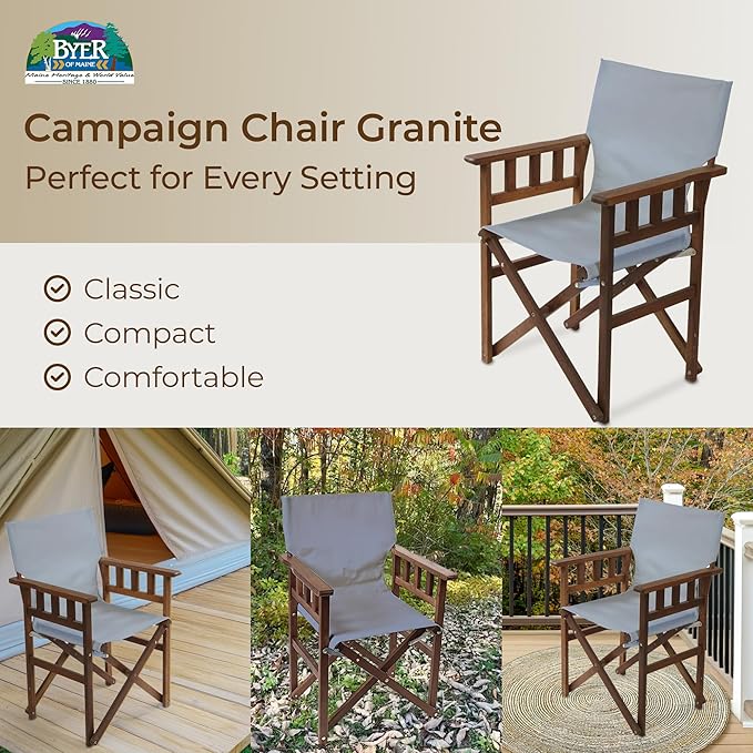 BYER OF MAINE Pangean Campaign Chair Portable Hardwood Folding Chair with Heavy-Duty Canvas Seat Material. Ideal Patio Deck &amp Camping Seat 20″d × 23″w × 36″h 250 lbs Capacity Granite