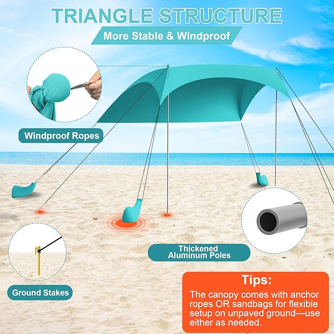 Beach Tent Sun Shelter UPF50+ with Sandbags Sand Shovel &amp Windproof Poles - Portable Pop Up Canopy for Beach Camping Picnics Backyard &amp Fishing (Cyan6.9x6.5FT)