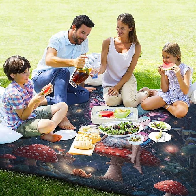 Fairy Mushroom Blue Picnic Blanket Waterproof Camping Rug Large Picnic Blankets Outdoor Beach Blanket Mat for Family Vacation Accessories 79''x79''