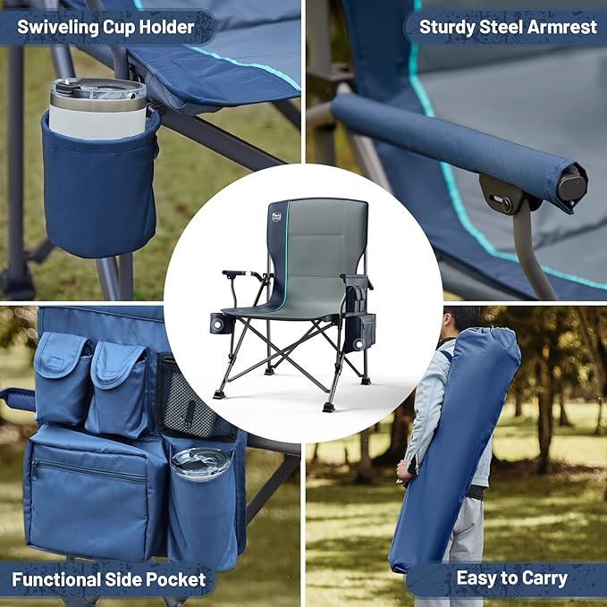 Timber Ridge 500lbs Oversized Folding Camping Chair Heavy Duty Lawn Chair for Adults Portable Collapsible High Back Chair with Cup Holder Side Pocket Cooler Bag for Outdoor Sports Blue