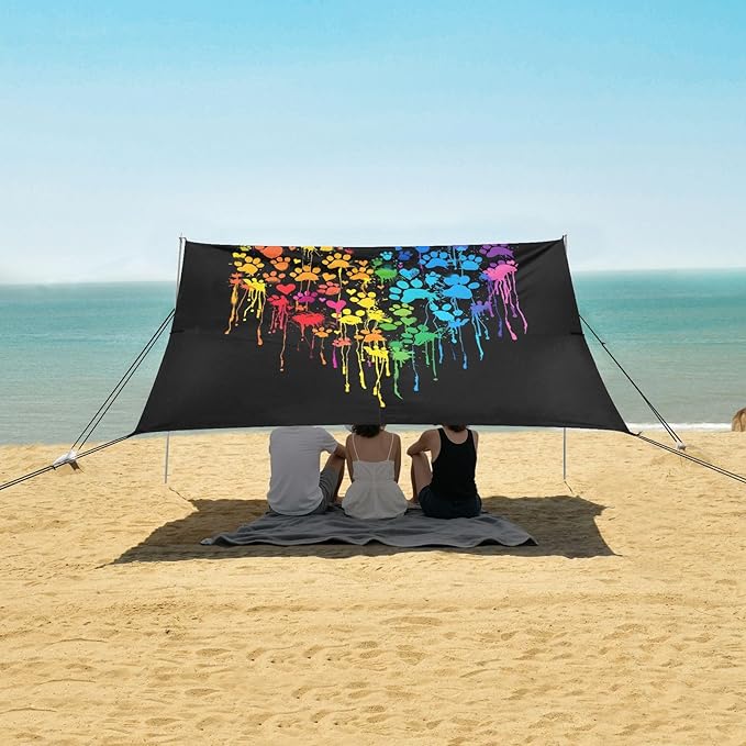 Camping Sun Shelters Color Drops with Dog Paws in Heart Shape Beach Canopy 126 * 110.2in